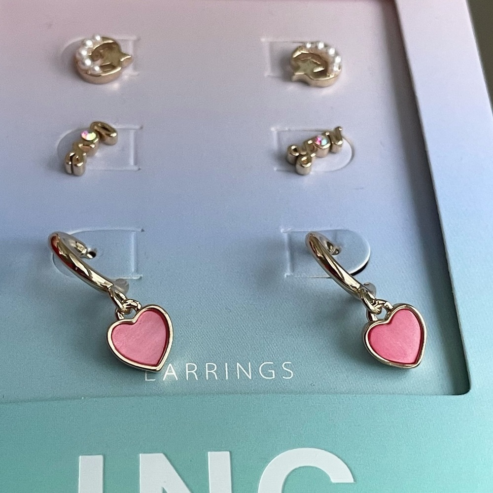 INC International Concepts Love You, Pink Heart, Star & Moon 3 Pc Earring Set - Picture 7 of 16